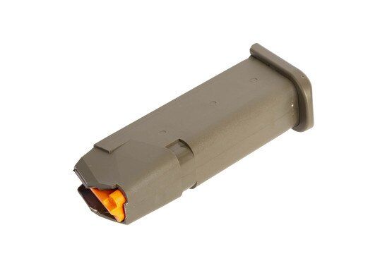 GLOCK factory original G19 Gen5 pistol magazine holds 15 rounds has an ODG finish and hi vis follower